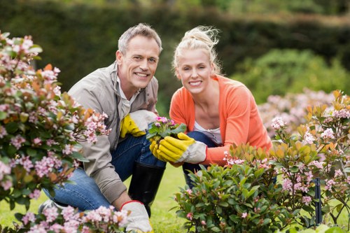 A man and woman working together in a well-maintained garden in Shadwell, London, surrounded by lush flowering shrubs with pink and purple blooms. They are crouching on a neatly mowed lawn, with the man holding a gardening tool and both wearing gardening gloves. Behind them, a backdrop of small trees and hedges frames the outdoor space, which features a variety of garden plants and a tidy, vibrant environment. The scene is lit by natural daylight, suggesting clear weather, and the garden appears to be part of a landscaped residential yard, emphasizing outdoor maintenance and gardening services provided by Hedge Trimming Shadwell in the local postcode area.